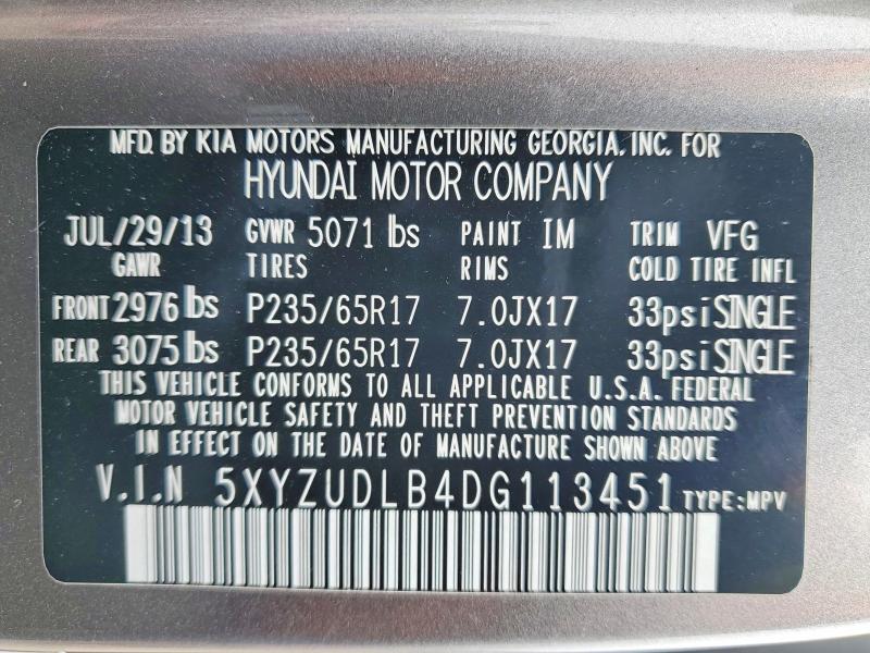 2013 Hyundai Santa Fe Sport მანქანა იყიდება აუქციონზე, vin: 5XYZUDLB4DG113451, აუქციონის ნომერი: 49703906