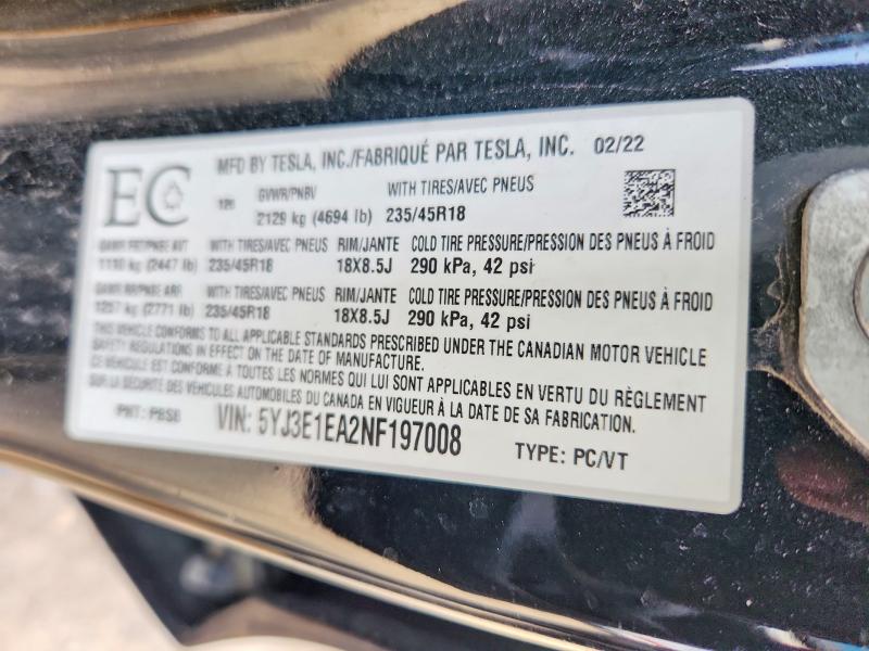 Продаж на аукціоні авто 2022 Tesla Model 3, vin: 5YJ3E1EA2NF197008, номер лоту: 50666226
