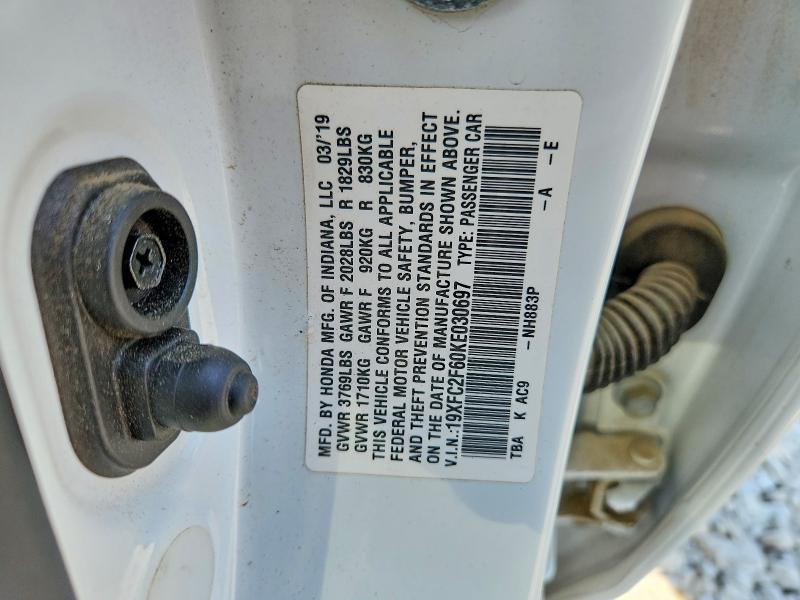 Aukcja sprzedaży 2019 Honda Civic, vin: 19XFC2F60KE030697, numer aukcji: 50403186
