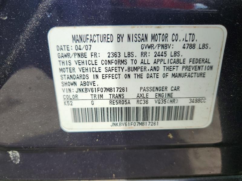 Aukcja sprzedaży 2007 Infiniti G35, vin: JNKBV61F07M817261, numer aukcji: 49927186