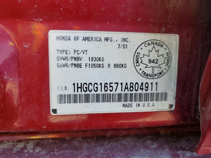 2001 Honda Accord მანქანა იყიდება აუქციონზე, vin: 1HGCG16571A804911, აუქციონის ნომერი: 51422746