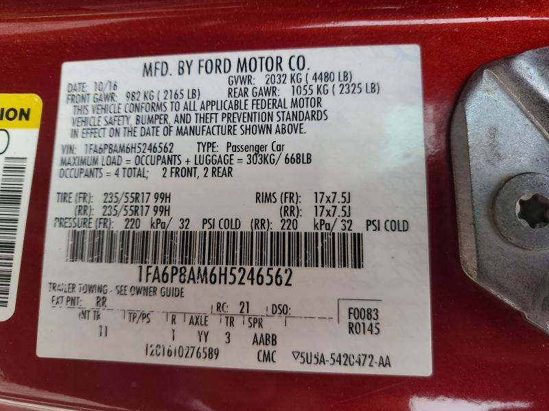 51822496 :رقم المزاد ، 1FA6P8AM6H5246562 vin ، 2017 Ford Mustang مزاد بيع