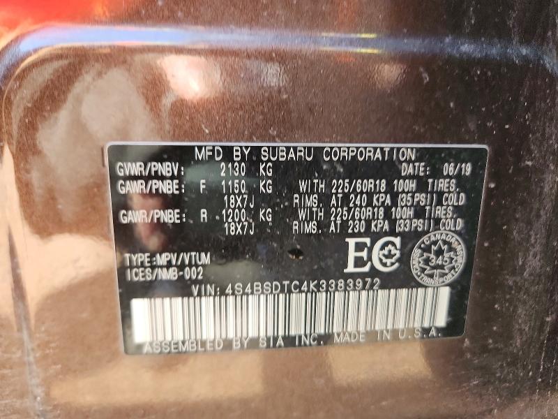 Продаж на аукціоні авто 2019 Subaru Outback, vin: 4S4BSDTC4K3383972, номер лоту: 51448416