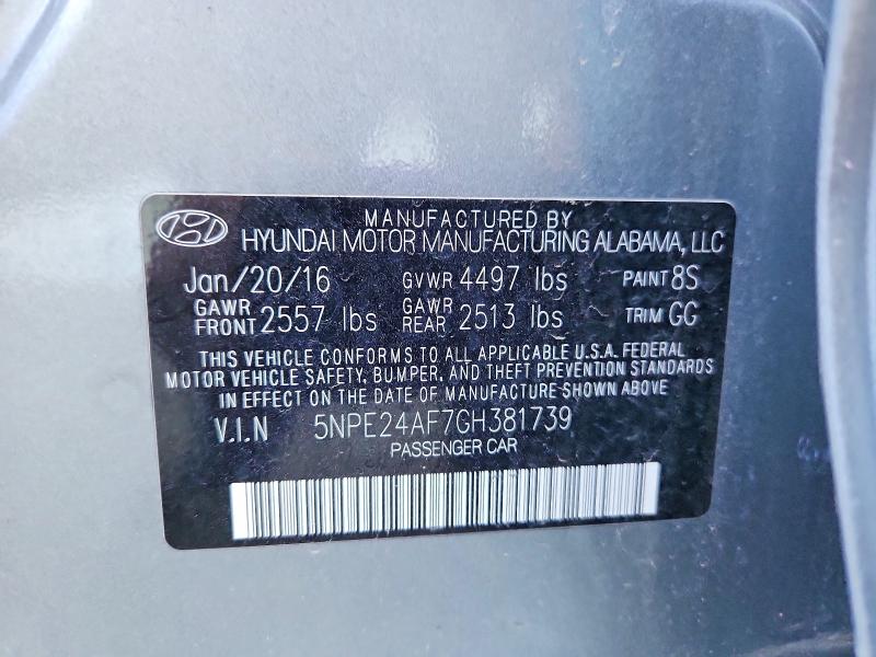 2016 Hyundai Sonata მანქანა იყიდება აუქციონზე, vin: 5NPE24AF7GH381739, აუქციონის ნომერი: 49252096