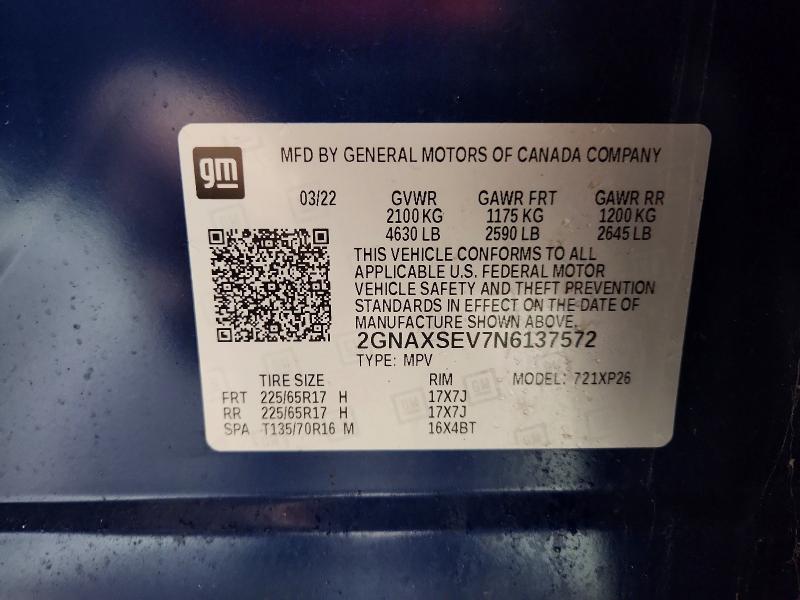 2022 Chevrolet Equinox მანქანა იყიდება აუქციონზე, vin: 2GNAXSEV7N6137572, აუქციონის ნომერი: 48266156