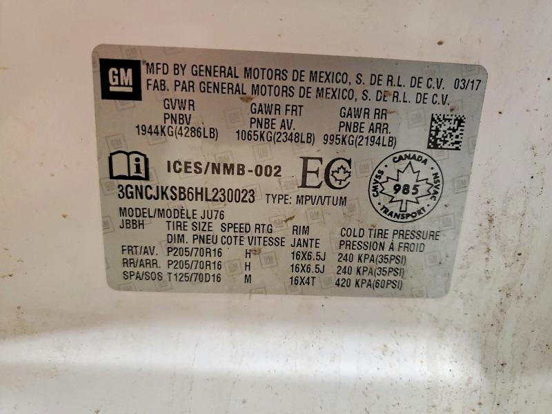 Aukcja sprzedaży 2017 Chevrolet Trax, vin: 3GNCJKSB6HL230023, numer aukcji: 48631556