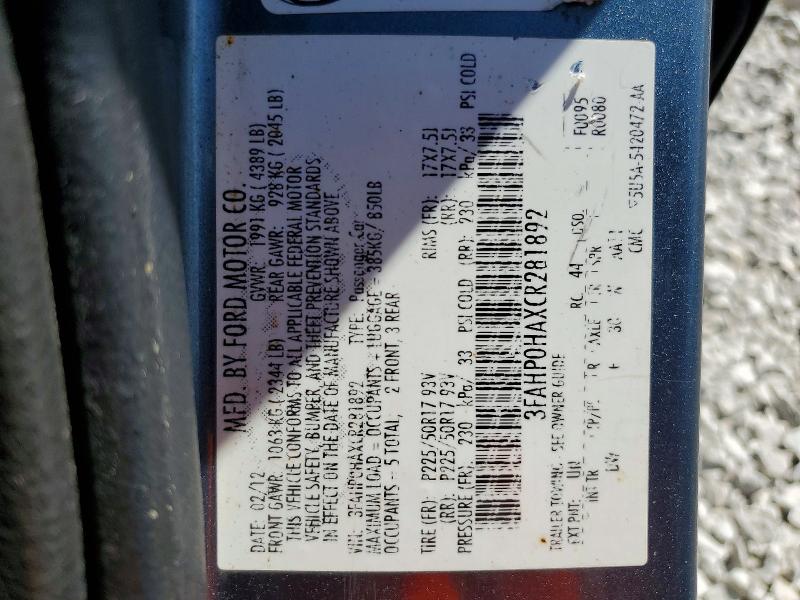 Продажа на аукционе авто 2012 Ford Fusion, vin: 3FAHP0HAXCR281892, номер лота: 50468696