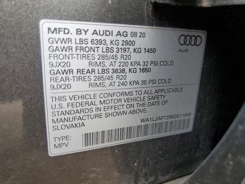 2021 Audi Q7 მანქანა იყიდება აუქციონზე, vin: WA1LJAF72MD011840, აუქციონის ნომერი: 50529036