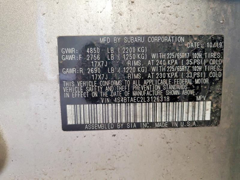 2020 Subaru Outback მანქანა იყიდება აუქციონზე, vin: 4S4BTAEC2L3126318, აუქციონის ნომერი: 49684146