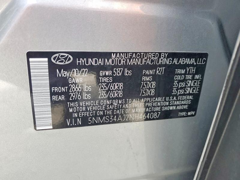Aukcja sprzedaży 2022 Hyundai Santa Fe, vin: 5NMS34AJ2NH464087, numer aukcji: 50729476
