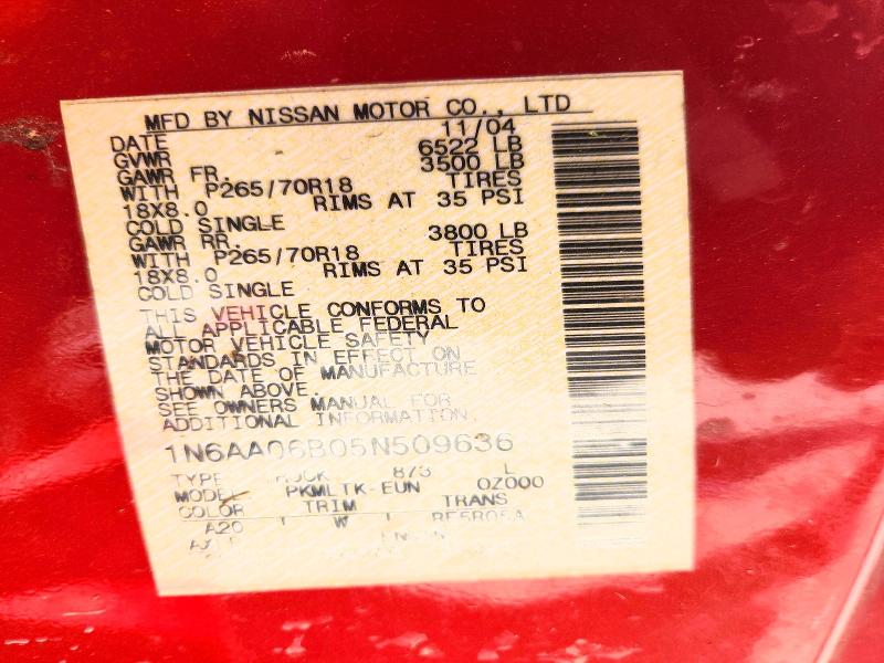 Auction sale of the 2005 Nissan Titan, vin: 1N6AA06B05N509636, lot number: 50715406