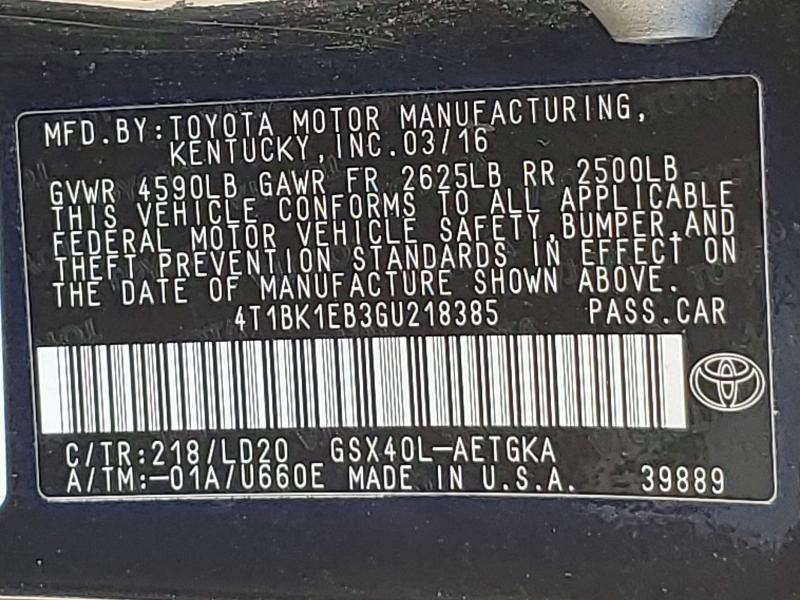 50436766 :رقم المزاد ، 4T1BK1EB3GU218385 vin ، 2016 Toyota Avalon مزاد بيع