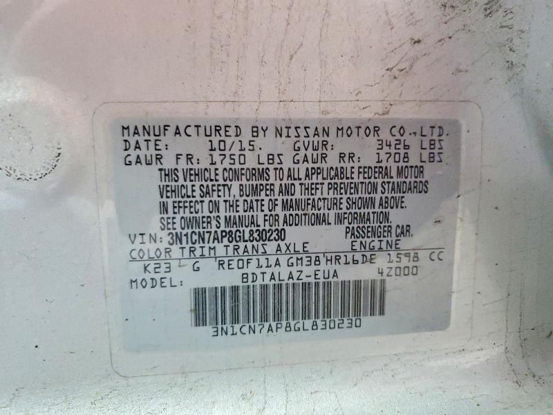 Aukcja sprzedaży 2016 Nissan Versa, vin: 3N1CN7AP8GL830230, numer aukcji: 50929526