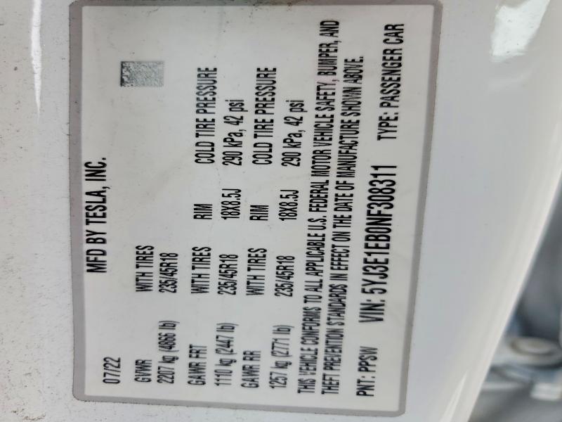 50347396 :رقم المزاد ، 5YJ3E1EB0NF308311 vin ، 2022 Tesla Model 3 مزاد بيع