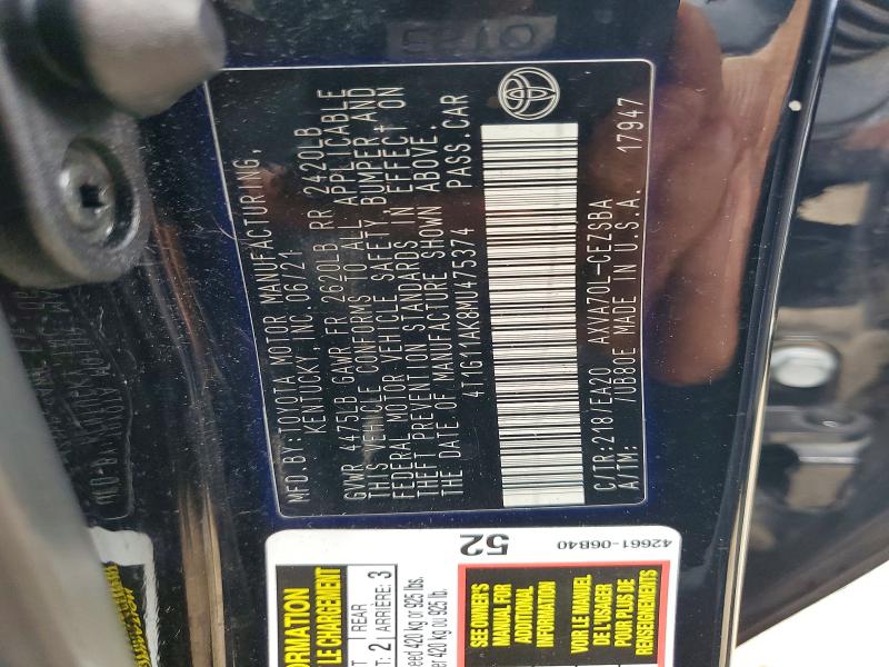 Продаж на аукціоні авто 2021 Toyota Camry, vin: 4T1G11AK8MU475374, номер лоту: 50977196