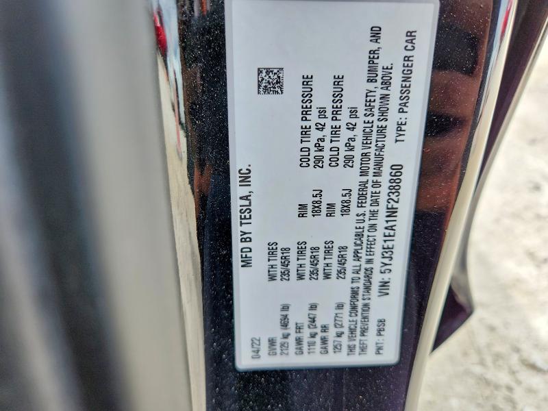 2022 Tesla Model 3 მანქანა იყიდება აუქციონზე, vin: 5YJ3E1EA1NF238860, აუქციონის ნომერი: 48691926