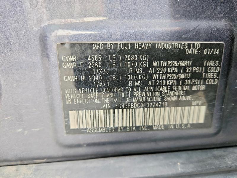 2014 Subaru Outback მანქანა იყიდება აუქციონზე, vin: 4S4BRBDC0E3274718, აუქციონის ნომერი: 50622896