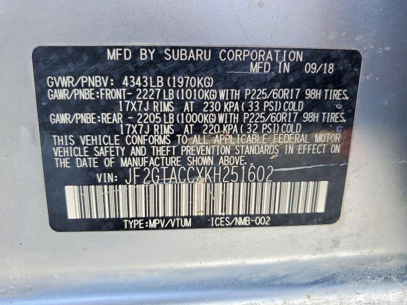Aukcja sprzedaży 2019 Subaru Crosstrek, vin: JF2GTACCXKH251602, numer aukcji: 50817096