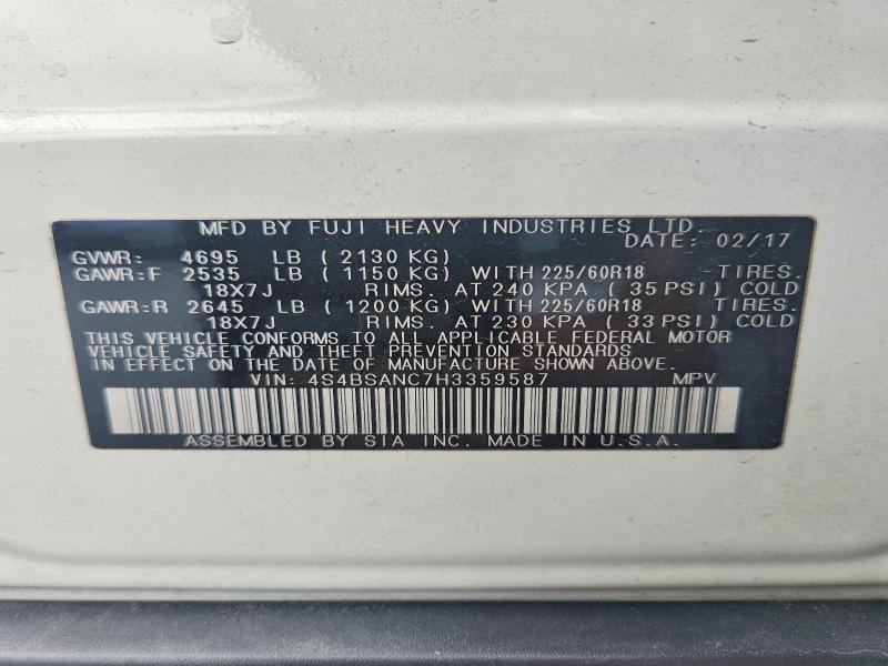 49146196 :رقم المزاد ، 4S4BSANC7H3359587 vin ، 2017 Subaru Outback مزاد بيع
