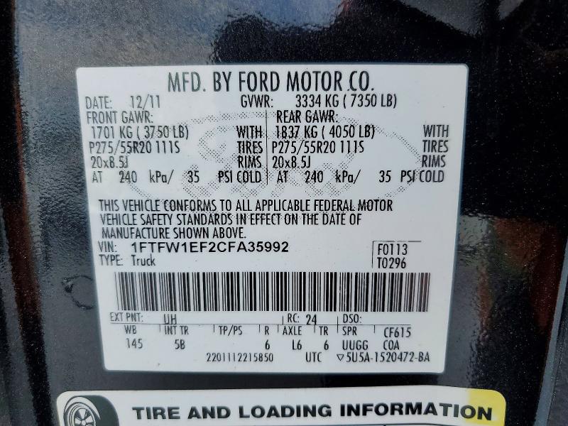 Aukcja sprzedaży 2012 Ford F150, vin: 1FTFW1EF2CFA35992, numer aukcji: 50962796