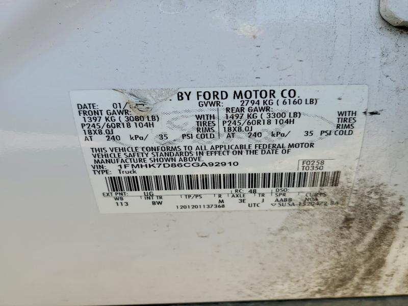 50354206 :رقم المزاد ، 1FMHK7D86CGA92910 vin ، 2012 Ford Explorer مزاد بيع