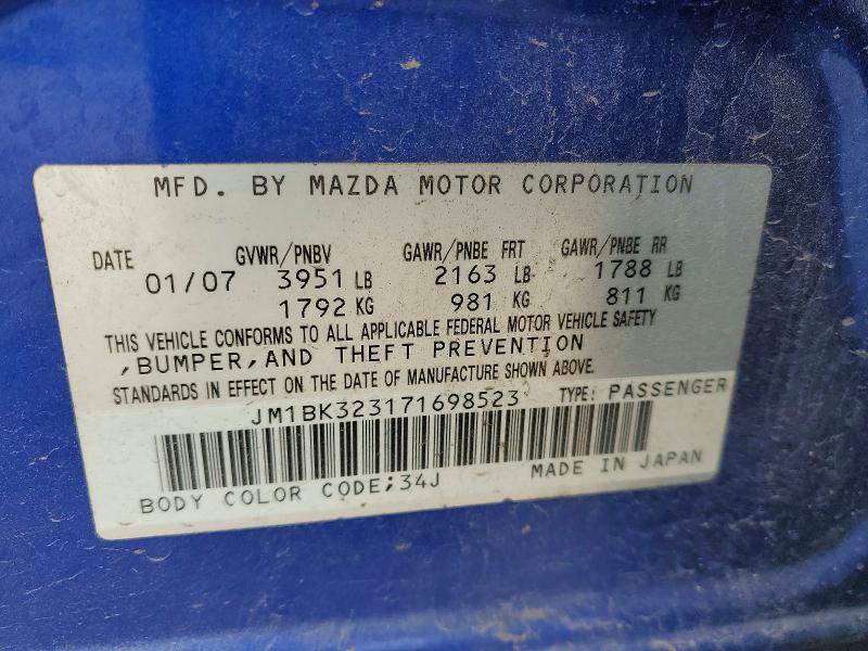 Aukcja sprzedaży 2007 Mazda 3, vin: JM1BK323171698523, numer aukcji: 51593896