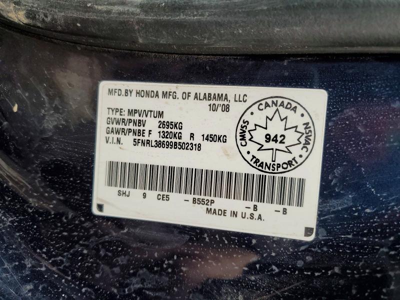Aukcja sprzedaży 2009 Honda Odyssey, vin: 5FNRL38699B502318, numer aukcji: 48231546