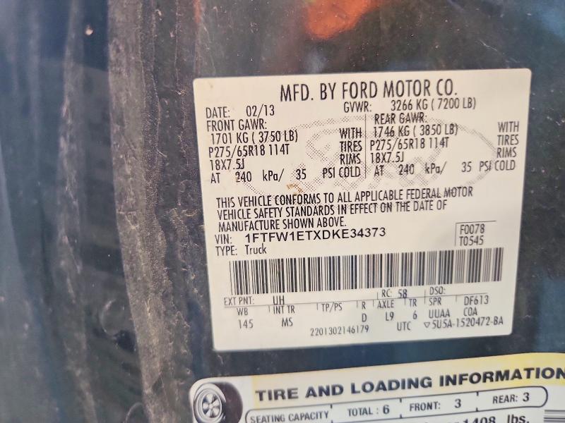 51167456 :رقم المزاد ، 1FTFW1ETXDKE34373 vin ، 2013 Ford F150 مزاد بيع