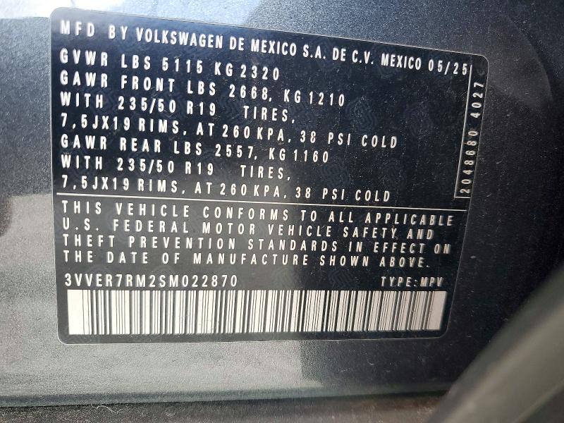 Aukcja sprzedaży 2025 Volkswagen Tiguan, vin: 3VVER7RM2SM022870, numer aukcji: 51189856