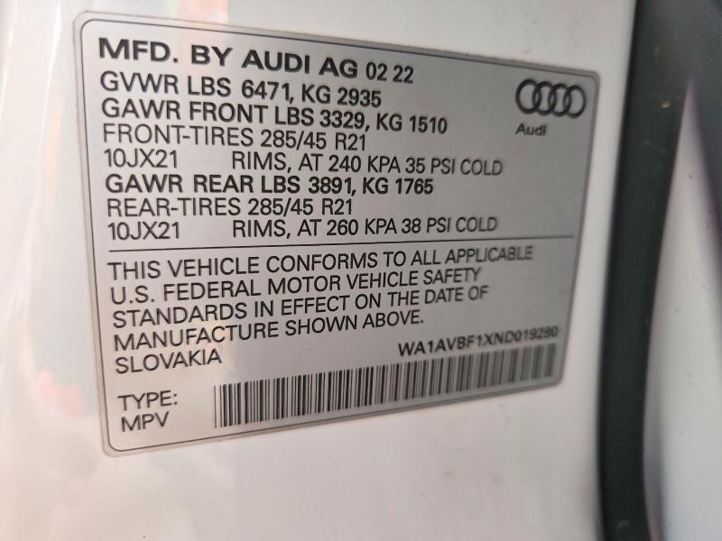 2022 Audi Q8 მანქანა იყიდება აუქციონზე, vin: WA1AVBF1XND019280, აუქციონის ნომერი: 50276256