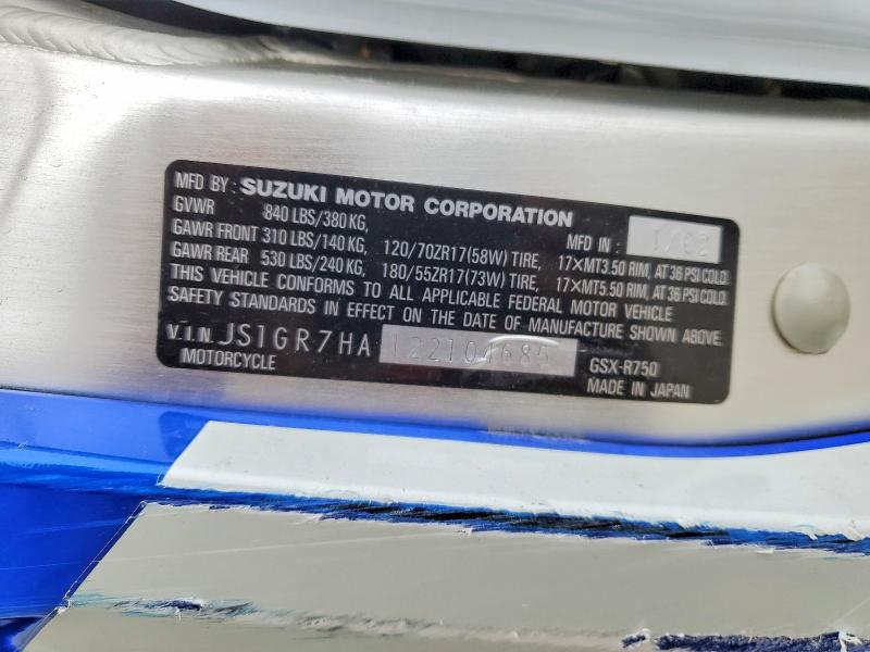 51125676 :رقم المزاد ، JS1GR7HA122104685 vin ، 2002 Suzuki Gsx-r750 مزاد بيع