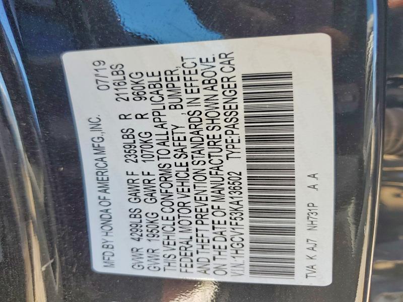 Продажа на аукционе авто 2019 Honda Accord, vin: 1HGCV1F53KA136502, номер лота: 48527806