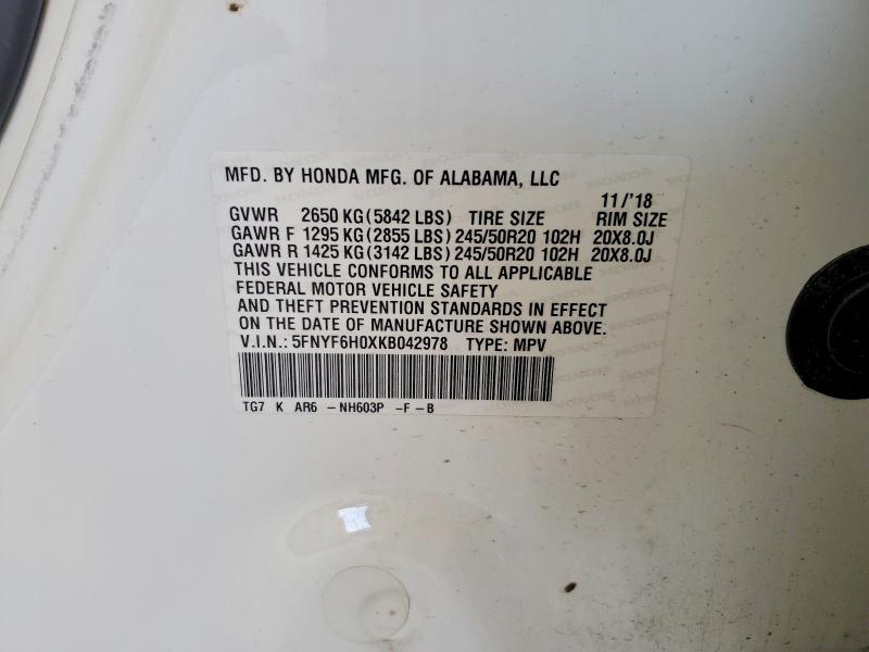 Продажа на аукционе авто 2019 Honda Pilot, vin: 5FNYF6H0XKB042978, номер лота: 50527016