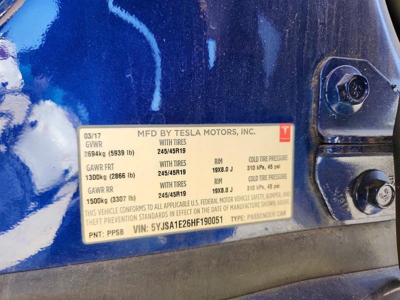 2017 Tesla Model S მანქანა იყიდება აუქციონზე, vin: 5YJSA1E26HF190051, აუქციონის ნომერი: 48986826
