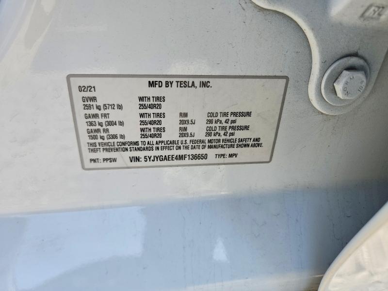 Продаж на аукціоні авто 2021 Tesla Model Y, vin: 5YJYGAEE4MF136650, номер лоту: 48801436