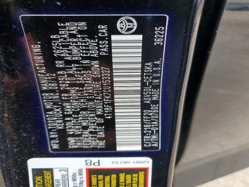 2012 Toyota Camry მანქანა იყიდება აუქციონზე, vin: 4T1BF1FK7CU153327, აუქციონის ნომერი: 47986836