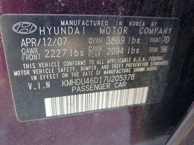 Продаж на аукціоні авто 2007 Hyundai Elantra, vin: KMHDU46D17U205378, номер лоту: 51691026