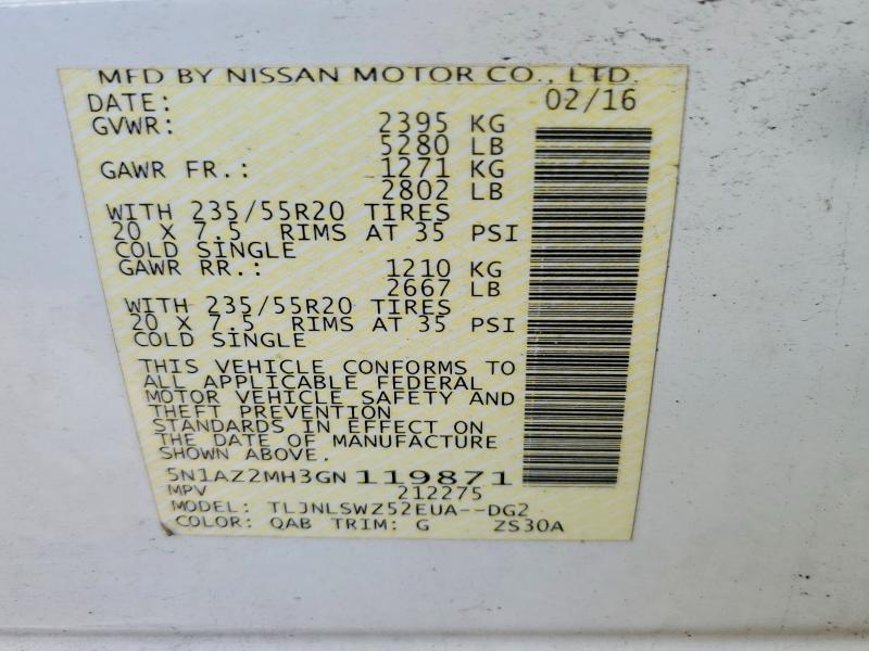 Aukcja sprzedaży 2016 Nissan Murano, vin: 5N1AZ2MH3GN119871, numer aukcji: 51662206