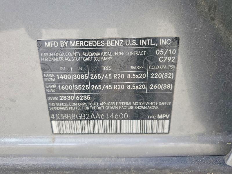 Продаж на аукціоні авто 2010 Mercedes-benz Ml, vin: 4JGBB8GB2AA614600, номер лоту: 50961146