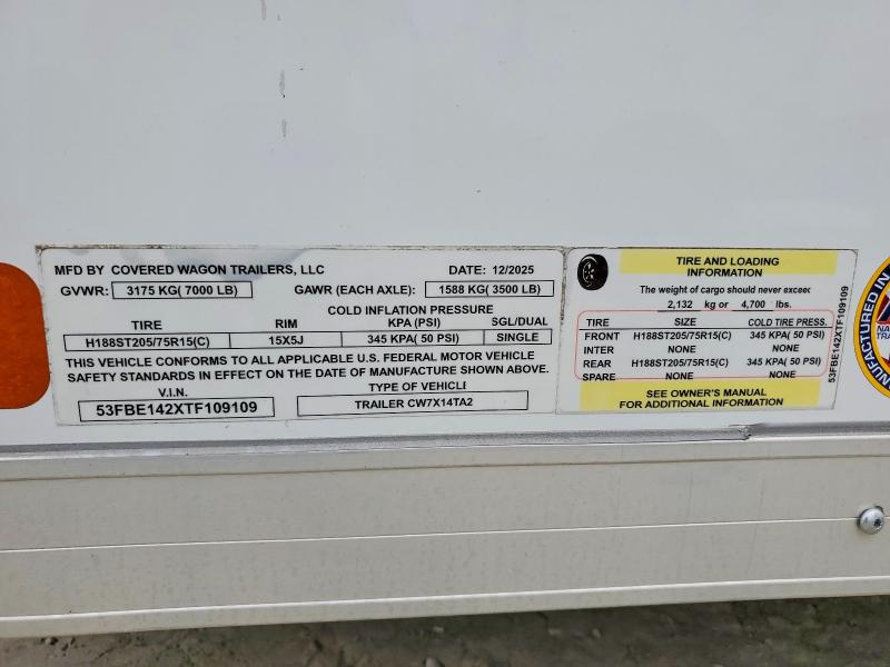 Aukcja sprzedaży 2026 Covered Wagon Trailers, vin: 53FBE142XTF109109, numer aukcji: 51014036