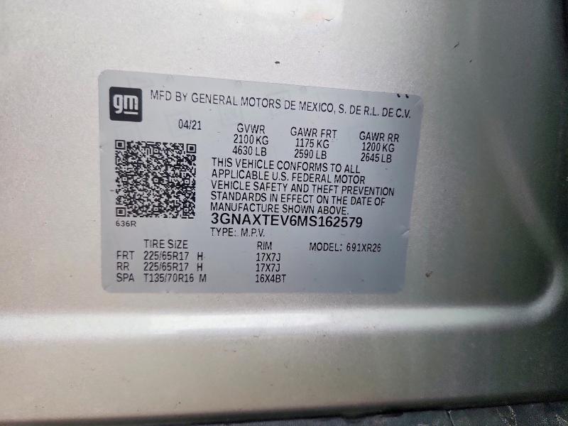 Aukcja sprzedaży 2021 Chevrolet Equinox, vin: 3GNAXTEV6MS162579, numer aukcji: 49091746