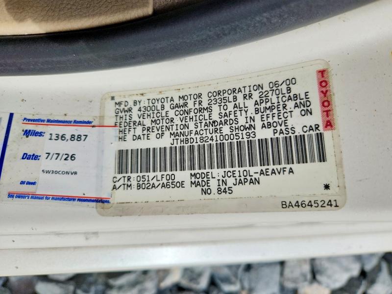 50691106 :رقم المزاد ، JTHBD182410005193 vin ، 2001 Lexus Is مزاد بيع