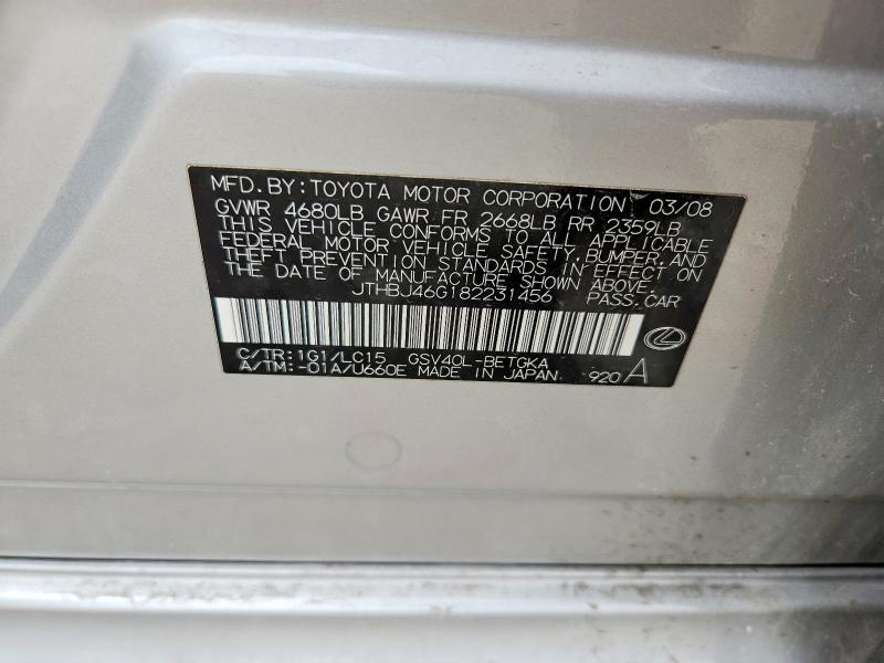Aukcja sprzedaży 2008 Lexus Es, vin: JTHBJ46G182231456, numer aukcji: 51196186