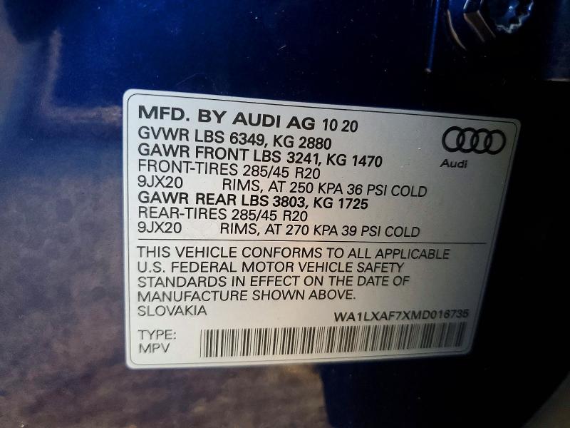 49161696 :رقم المزاد ، WA1LXAF7XMD016735 vin ، 2021 Audi Q7 مزاد بيع