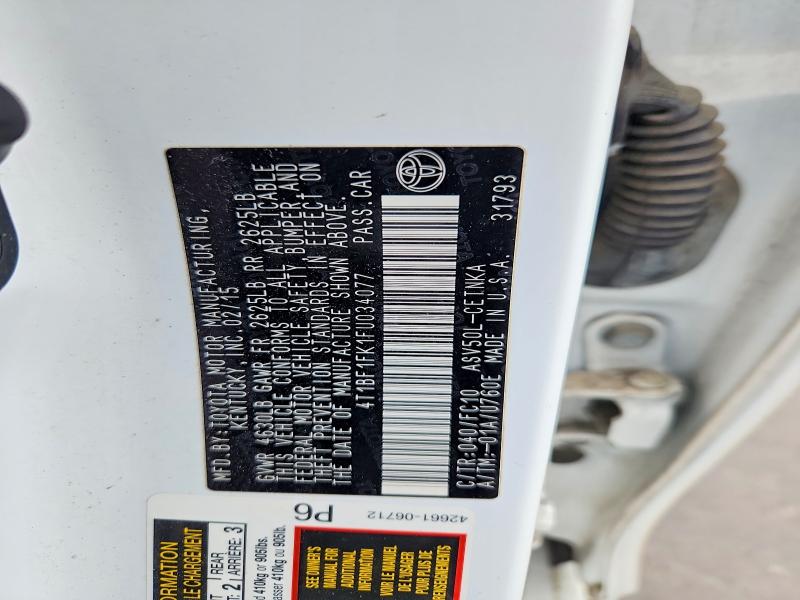 2015 Toyota Camry მანქანა იყიდება აუქციონზე, vin: 4T1BF1FK1FU034077, აუქციონის ნომერი: 51773846