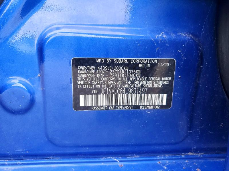 Aukcja sprzedaży 2020 Subaru Wrx, vin: JF1VA1C64L9831497, numer aukcji: 51291046