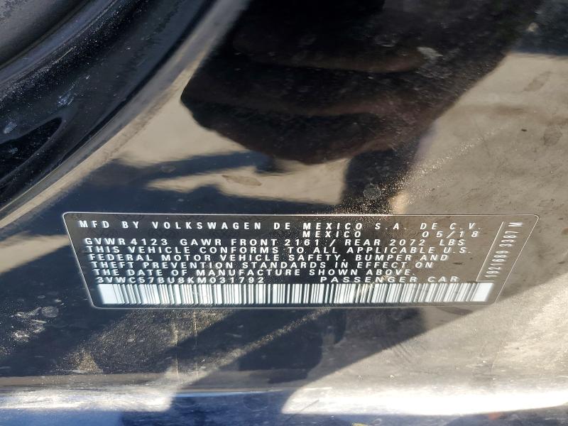 2019 Volkswagen Jetta მანქანა იყიდება აუქციონზე, vin: 3VWC57BU8KM031792, აუქციონის ნომერი: 51143396