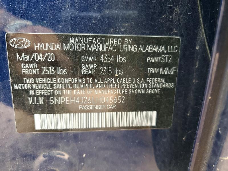 2020 Hyundai Sonata მანქანა იყიდება აუქციონზე, vin: 5NPEH4J26LH045652, აუქციონის ნომერი: 49003386