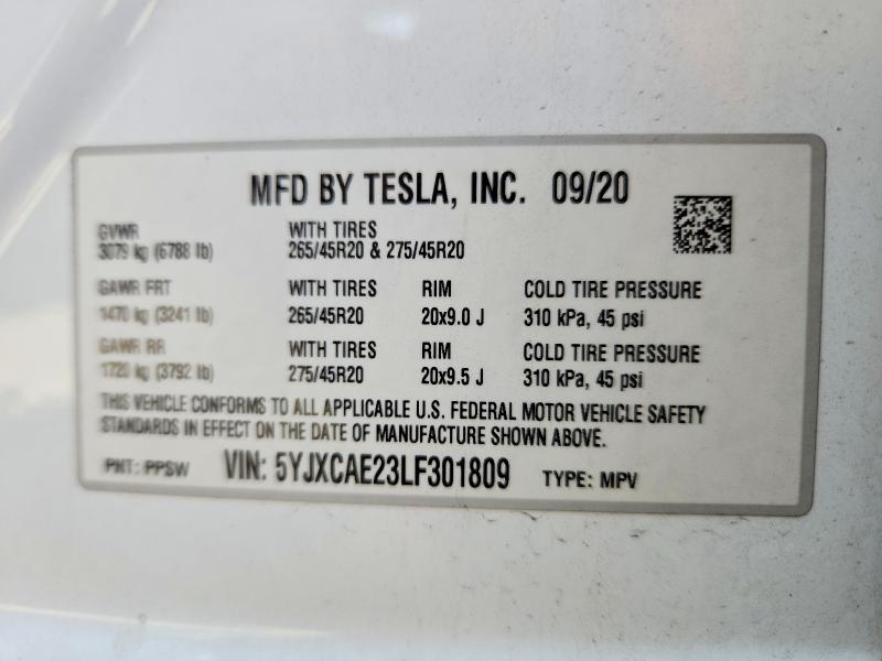 2020 Tesla Model X მანქანა იყიდება აუქციონზე, vin: 5YJXCAE23LF301809, აუქციონის ნომერი: 48531096