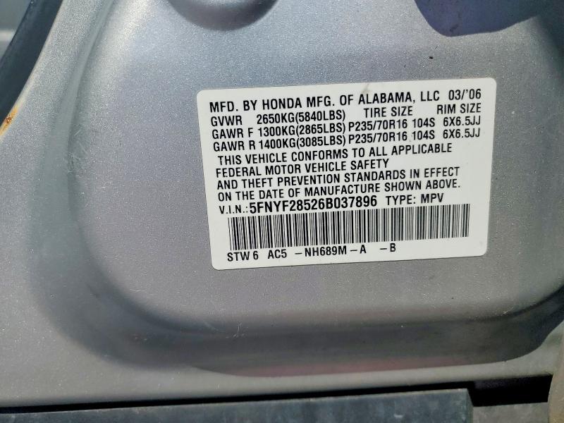 2006 Honda Pilot მანქანა იყიდება აუქციონზე, vin: 5FNYF28526B037896, აუქციონის ნომერი: 49324456